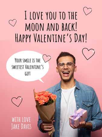 Мужчина с букетом в День святого Валентина Poster US – шаблон для дизайна