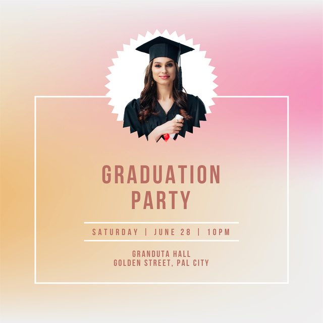 Designvorlage Graduation Party Announcement with Young Girl Student für Instagram