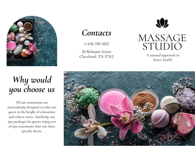 Ontwerpsjabloon van Brochure 8.5x11in van Massage Studio Ad with Flowers and Sea Salt