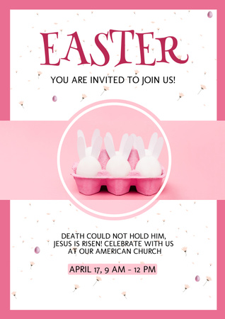 Modèle de visuel Invitation de service de Pâques avec des lapins de Pâques décoratifs dans un plateau à oeufs sur rose - Poster