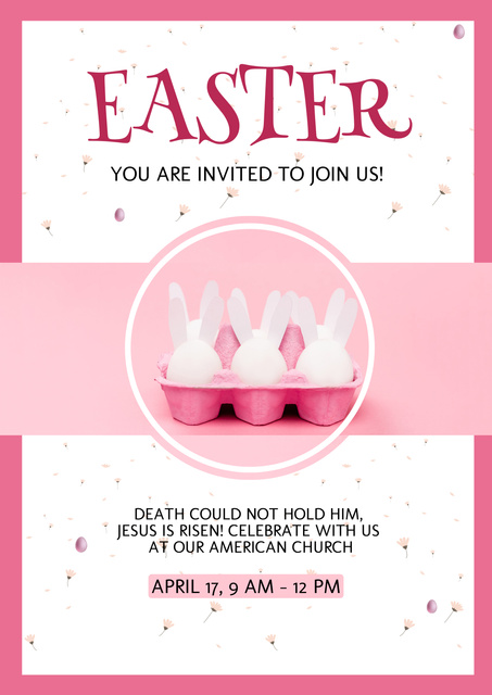 Easter Service Invitation with Decorative Easter Bunnies in Egg Tray on Pink Poster Πρότυπο σχεδίασης