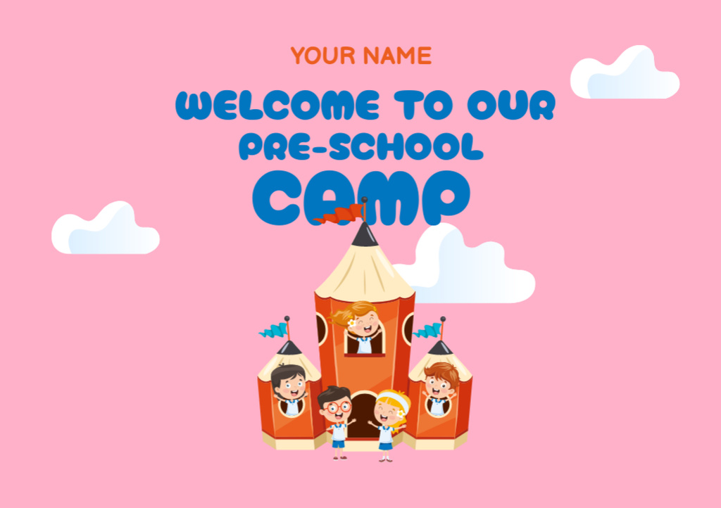 Awesome Pre-School Camp Promotion with Children on Vacation Flyer A5 Horizontal Design Template