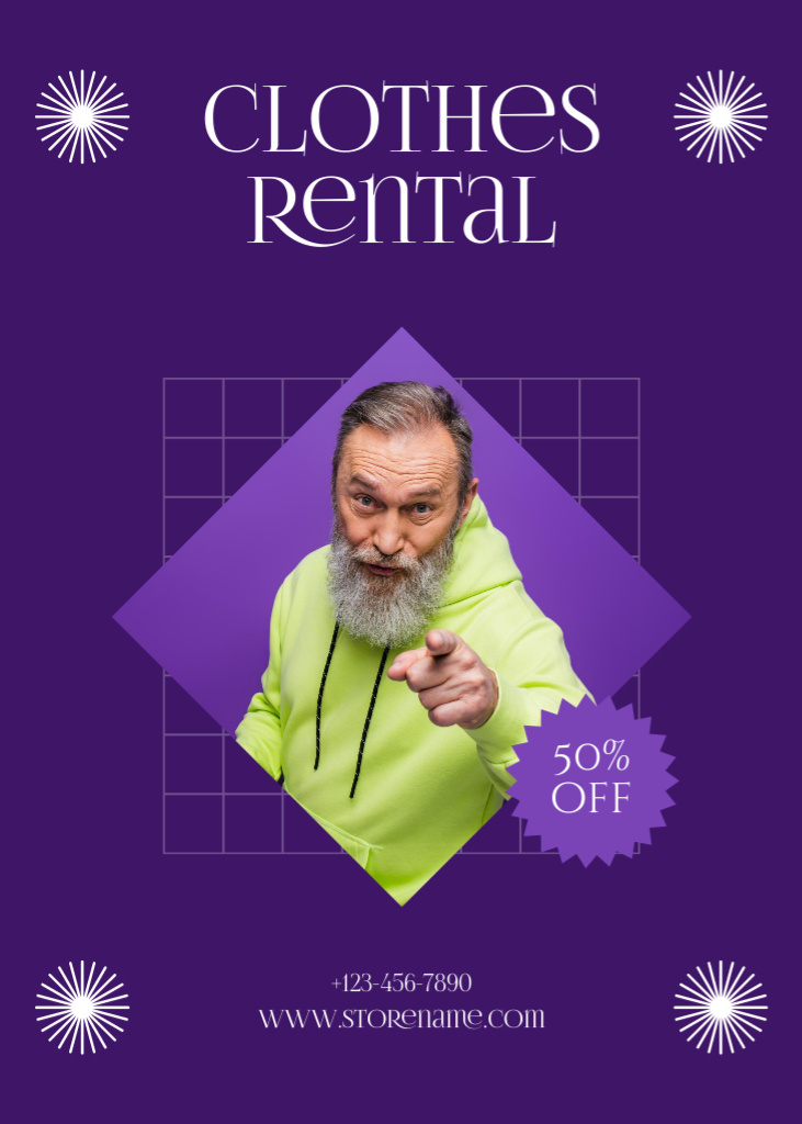 Senior hipster man for rental clothes purple Flayer Πρότυπο σχεδίασης