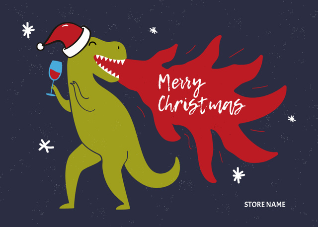 Platilla de diseño Christmas Cheers with Dinosaur Illustration Postcard 5x7in