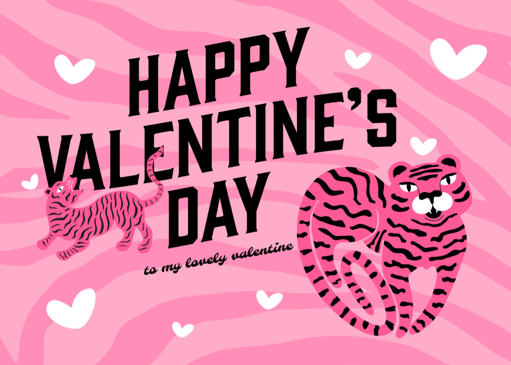 Valentine's Day Holiday Congratulation With Lovely Pink Tigers Postcard 5x7in Šablona návrhu