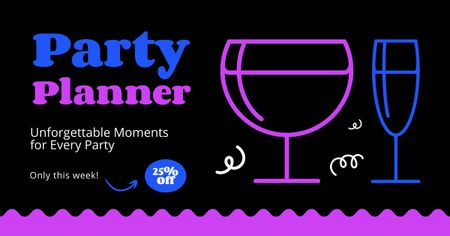 Template di design Sconto per la pianificazione della festa con bicchieri da vino Facebook AD