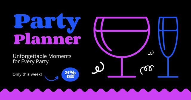 Party Planning Discount with Wine Glasses Facebook ADデザインテンプレート