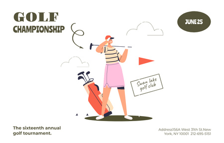 Ontwerpsjabloon van Invitation 4.6x7.2in Horizontal van Aankondiging van het golfkampioenschap met schattige cartoonvrouw
