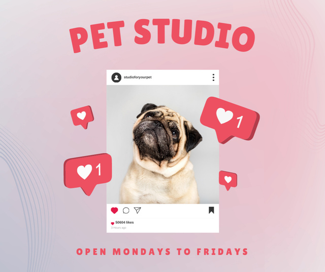 Ontwerpsjabloon van Facebook van Photo of Pug for Pet Studio Promotion