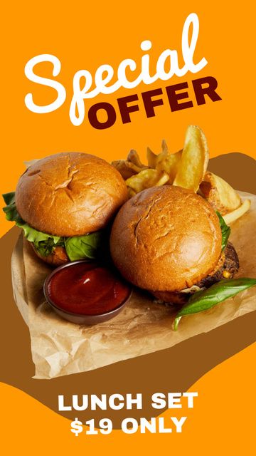 Designvorlage Special Offer of Lunch Set With Burgers für Instagram Story