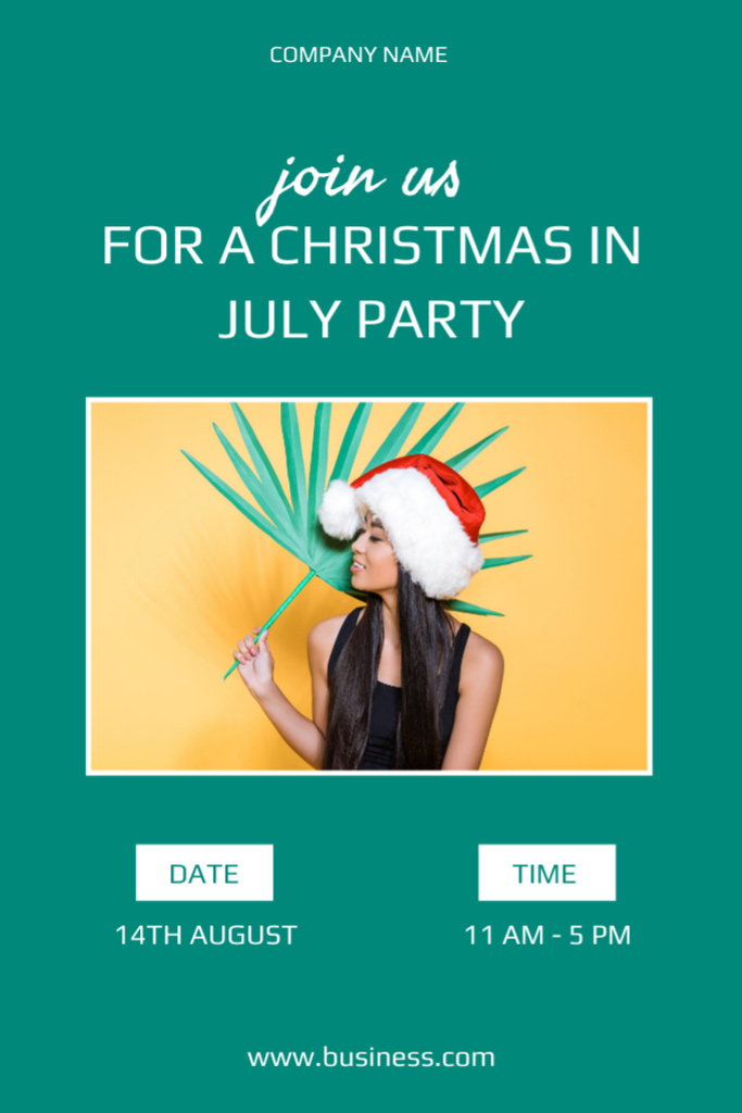Christmas in July Party Announcement with Asian Woman on Blue Flyer 4x6in – шаблон для дизайна