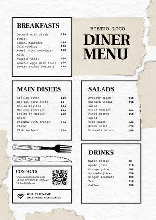 Bistro or Diner Dishes and Drinks Plain Menu Design Template
