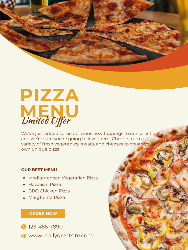 Pizzeria Menu Offer with Appetizing Pizza Slices Poster US Tasarım Şablonu