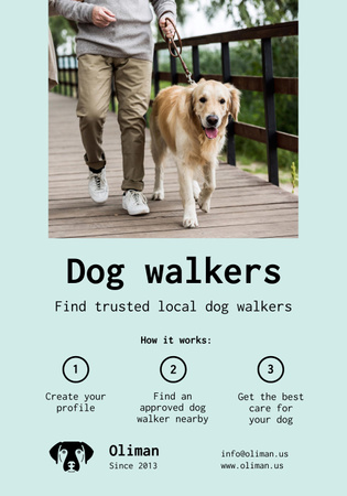 Designvorlage Dog Walking Services mit Mann mit Golden Retriever für Poster 28x40in
