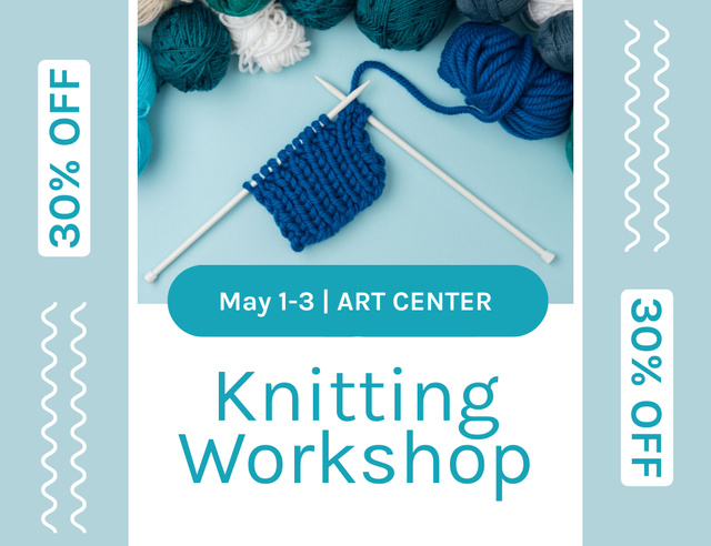 Knitting Workshop Announcement on Blue Thank You Card 5.5x4in Horizontal Design Template
