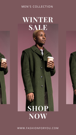 Template di design Saldi invernali con giovane afroamericano in cappotto Instagram Story