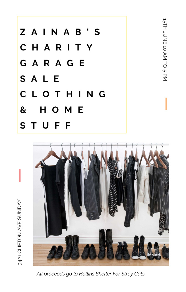 Template di design Charity Sale Announcement Black Clothes on Hangers Invitation 4.6x7.2in