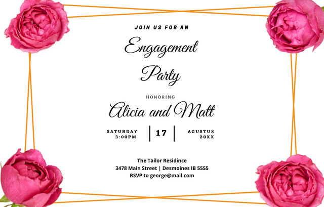 Designvorlage Engagement Announcement With Pink Roses für Invitation 4.6x7.2in Horizontal