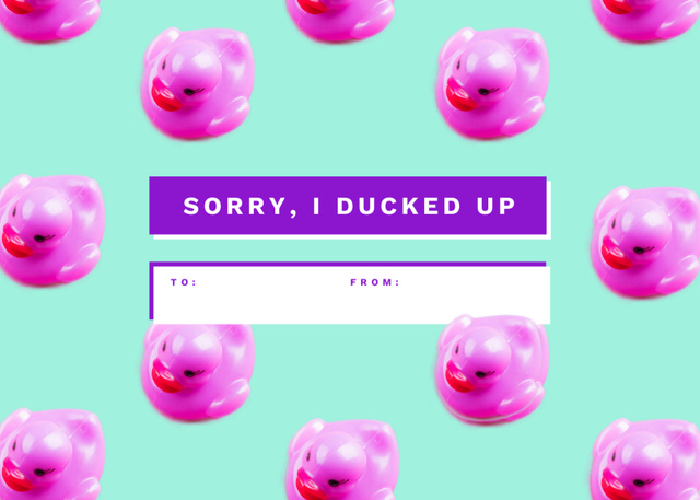 Funny Apology with Pink Toy Ducks Postcard 5x7in Design Template