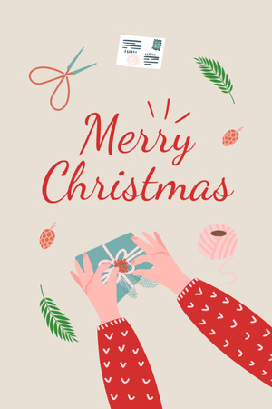 Merry Christmas Greeting with Making Decoration by Hands Postcard 4x6in Vertical Design Template
