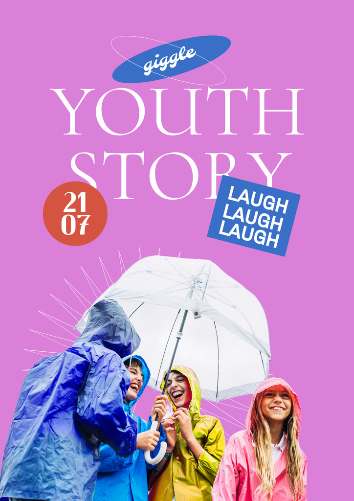 Funny Friends in Raincoats under Umbrella Poster Design Template