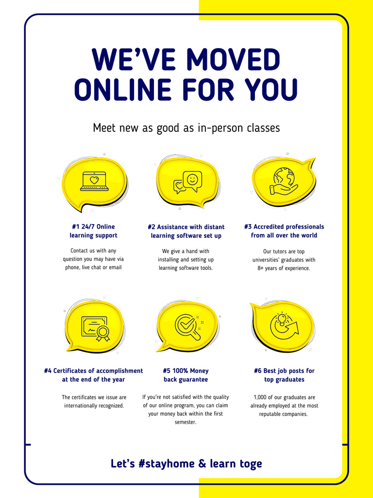 #StayHome Online Education Courses benefits Poster US Design Template