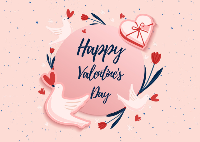 Template di design Happy Valentine's Day Greeting on Pink with Illustration of Doves Card