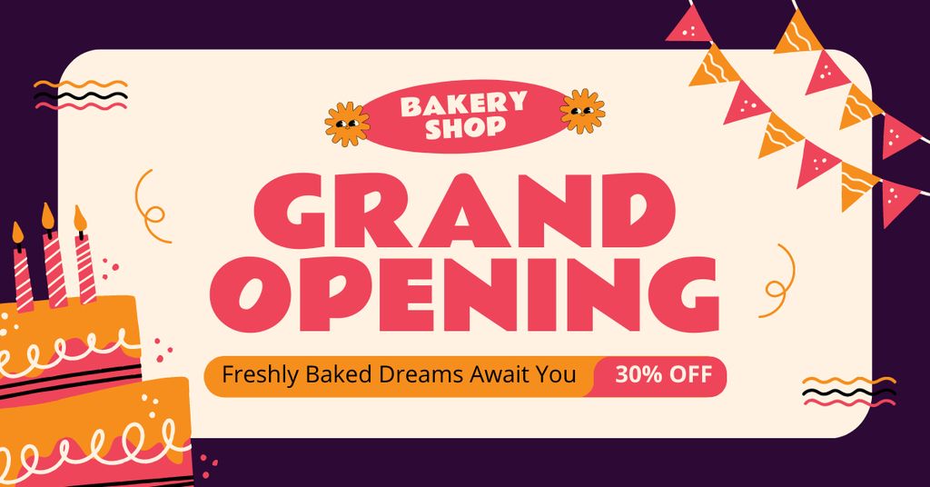 Ontwerpsjabloon van Facebook AD van Bright Bakery Grand Opening With Cakes At Reduced Price