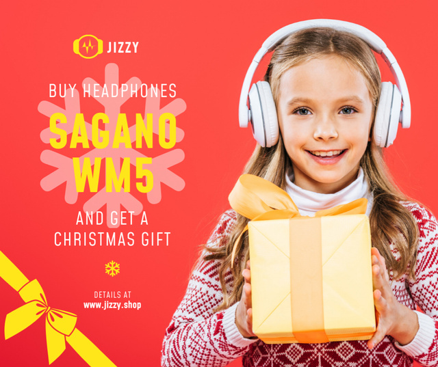 Ontwerpsjabloon van Facebook van Christmas Offer Girl in Headphones with Gift