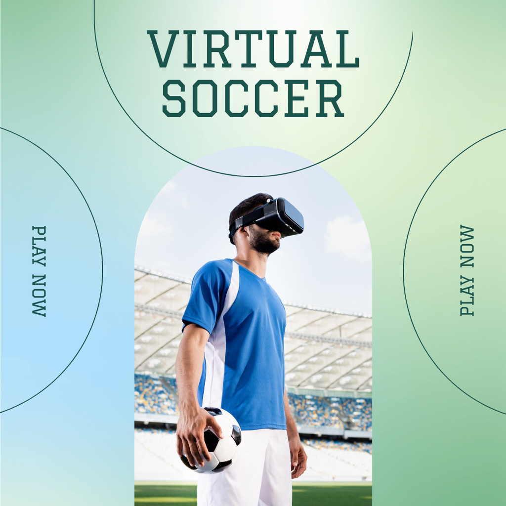 Virtual Reality Soccer Ad with Football Player in VR Glasses Instagram Design Template