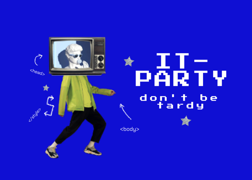 Plantilla de diseño de Amusing Party Promotion with TV-headed Man on Blue Flyer 5x7in Horizontal 