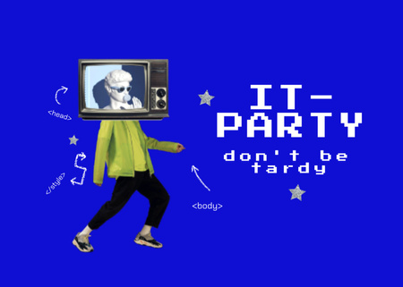 Plantilla de diseño de Party Announcement with TV-headed Man on Blue Flyer 5x7in Horizontal 