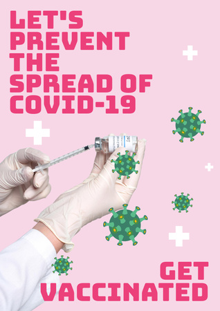 Designvorlage Hände mit Impfstoff und Viren mit rosafarbenem Text für Poster