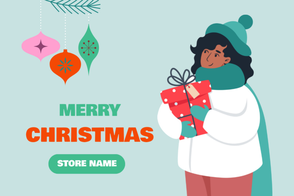 Cute Merry Christmas Greeting with Woman Holding Gift Postcard 4x6in Šablona návrhu
