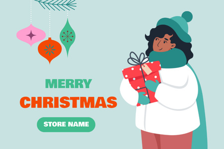 Cute Merry Christmas Greeting with Woman Holding Gift Postcard 4x6in Design Template