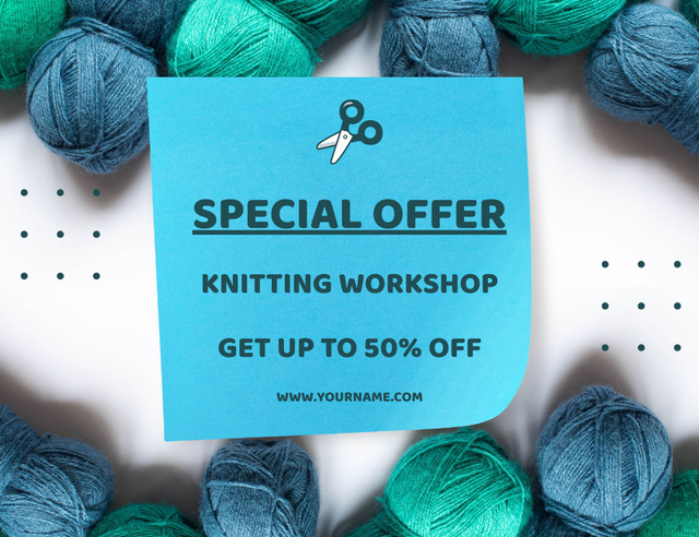Special Offer of Knitting Workshop on Blue Thank You Card 5.5x4in Horizontal Tasarım Şablonu