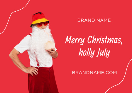 Cute Man in Santa Costume Holding Coconut Cocktail Card Design Template