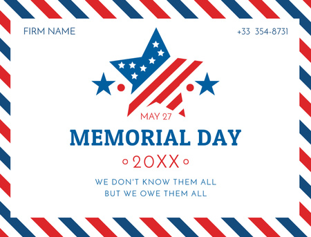 Plantilla de diseño de Día de los Caídos en Estados Unidos con marco de rayas americanas Postcard 4.2x5.5in 
