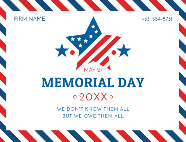 USA Memorial Day With American Stripes Frame Postcard 4.2x5.5in Tasarım Şablonu