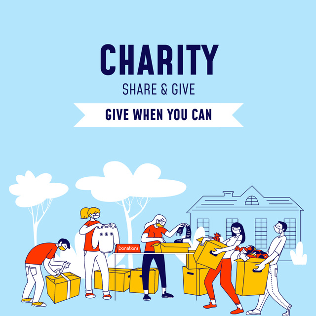 Ontwerpsjabloon van Instagram van Charity Event with Volunteers with Clothes Donation
