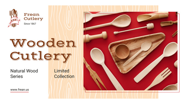 Template di design Kitchenware Ad with Wooden Cutlery Set Presentation Wide