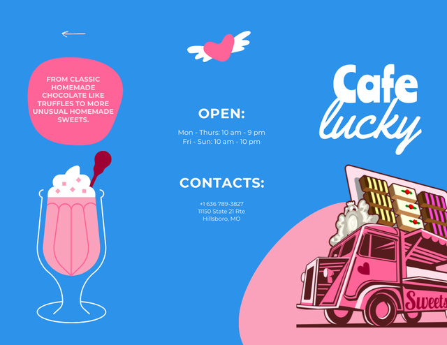 Cafe Menu Announcement on Blue and Pink Menu 11x8.5in Tri-Fold Design Template