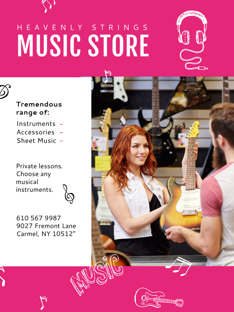Music Store Ad Seller with Guitar Poster US Modelo de Design