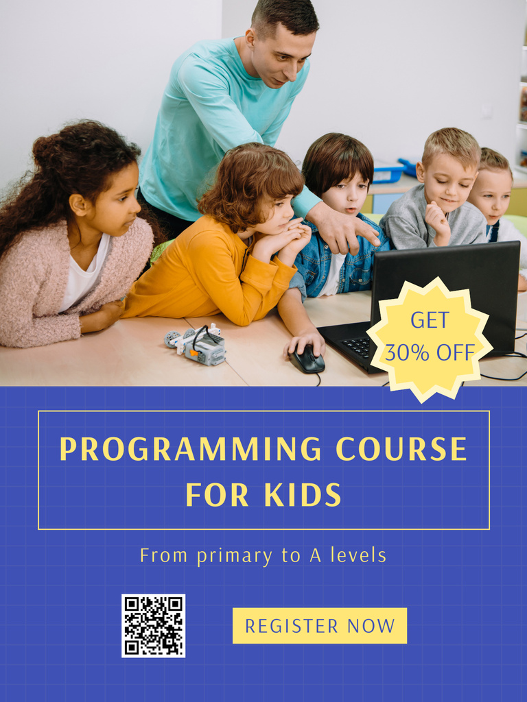 Teacher with Kids on Programming Course Poster USデザインテンプレート
