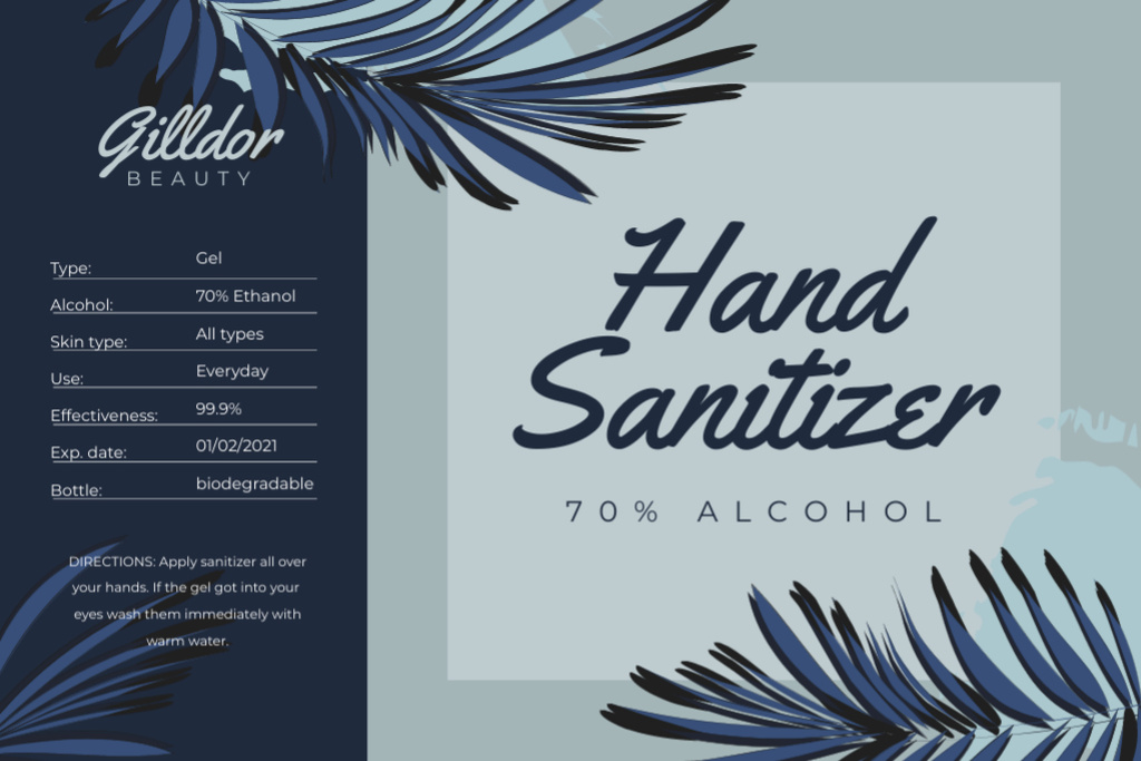 Ontwerpsjabloon van Label van Hand Sanitizer ad on palm leaves