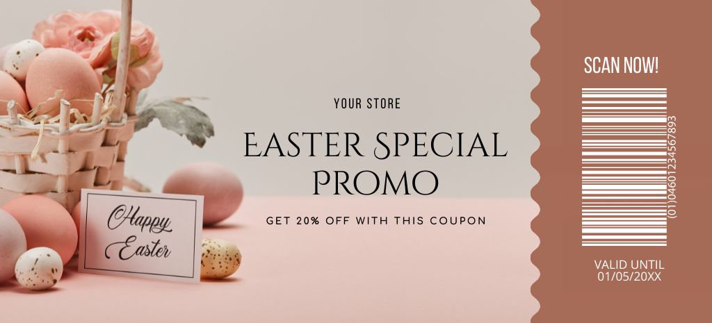 Plantilla de diseño de Easter Offer with Wicker Basket and Painted Eggs Coupon 3.75x8.25in 