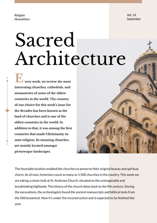 Sacred Architecture guide with Church facade Newsletter Modelo de Design