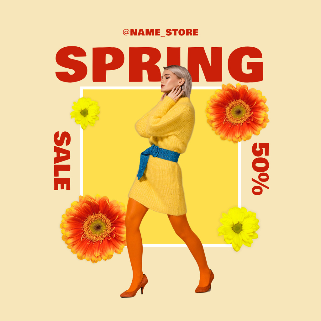 Bright Spring Sale Announcement with Young Blonde Woman Instagram tervezősablon
