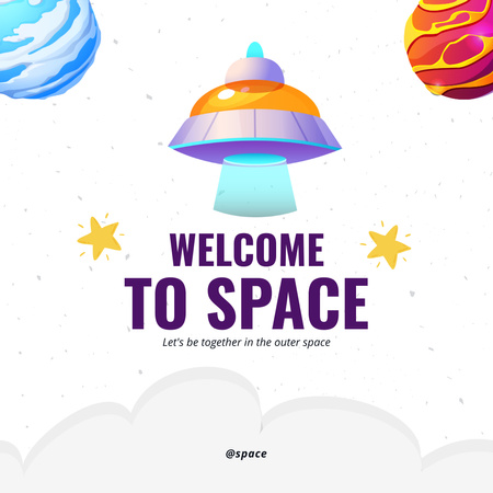 Welcome To Space With Alien Spaceship Instagram Design Template