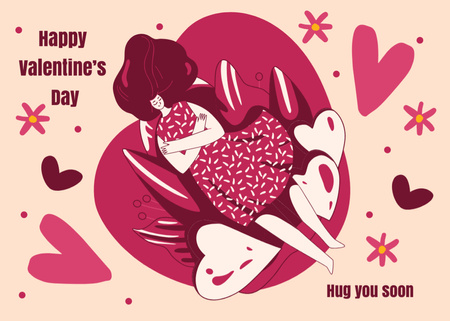 Valentine's Day With Cute Illustration And Pink Hearts Postcard 5x7in – шаблон для дизайна
